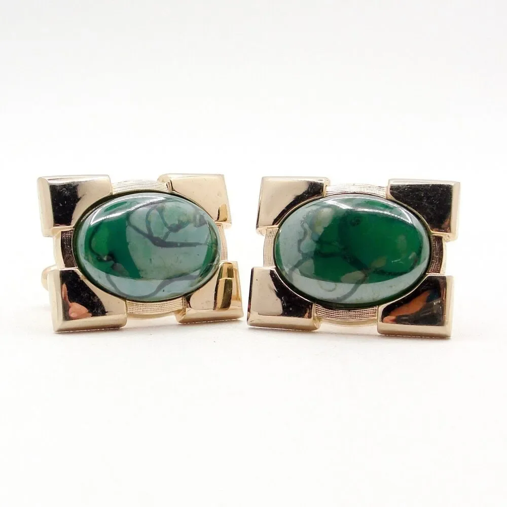 Vintage Hickok Cufflinks Gold Tone Green Slag Marbled Cabochon MCM Groom Formal